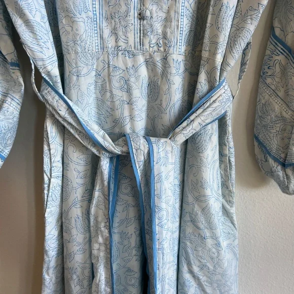 Sue Sartor India Amory Floral Midi Tie Waist Dress Blue White Size Small - Picture 6 of 10